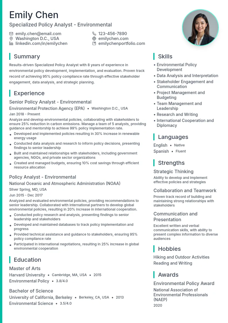 Specialized Policy Analyst - Environmental resume example