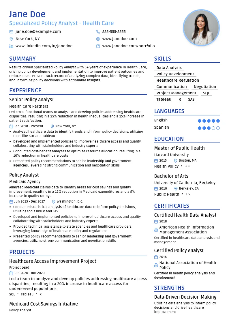Specialized Policy Analyst - Health Care resume example