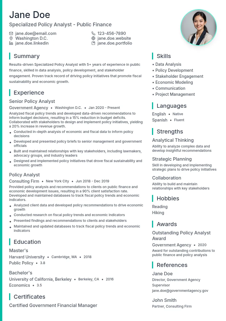 Specialized Policy Analyst - Public Finance resume example