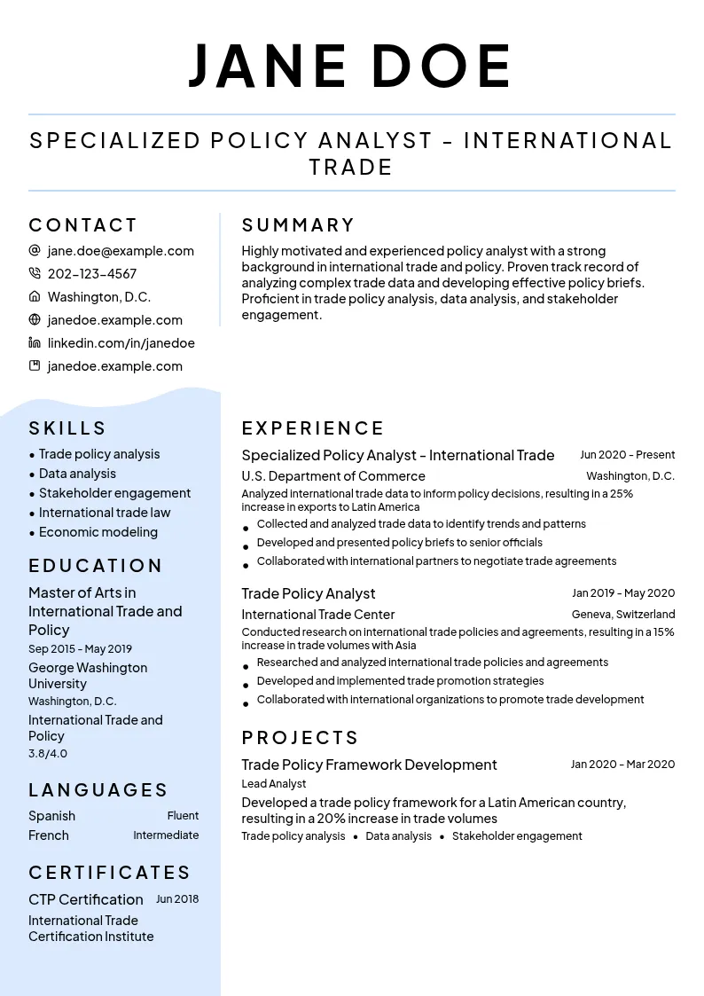 Specialized Policy Analyst - International Trade resume example