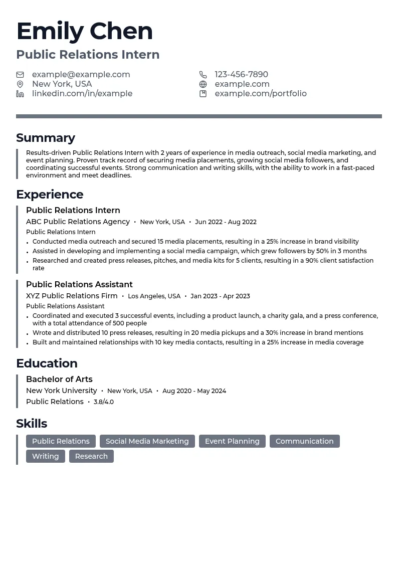 Public Relations Intern resume example