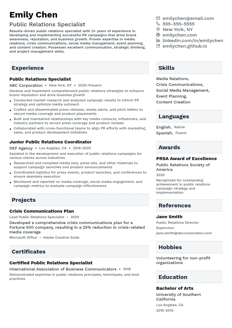 Public Relations resume example