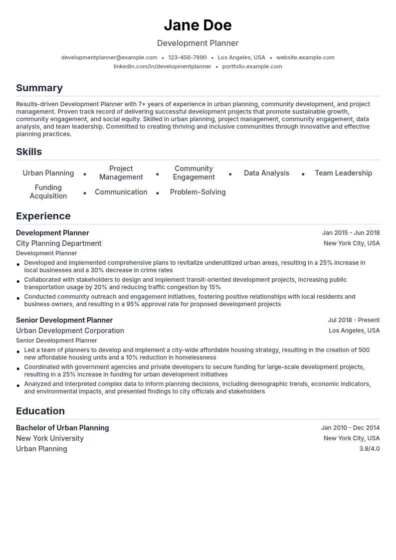 Development Planner resume example
