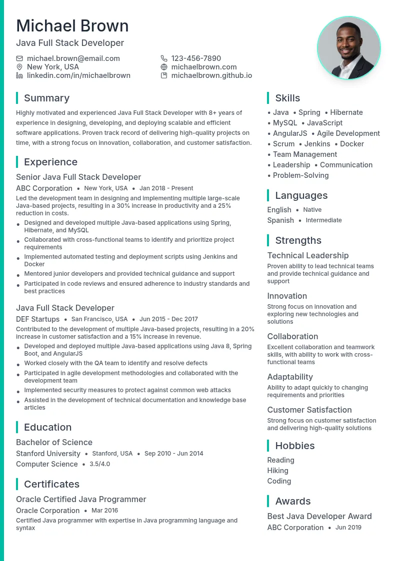 Java Full Stack Developer resume example