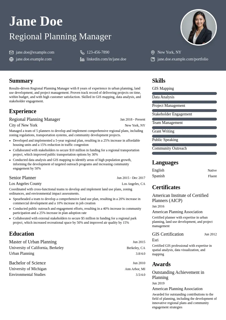 Regional Planning Manager resume example