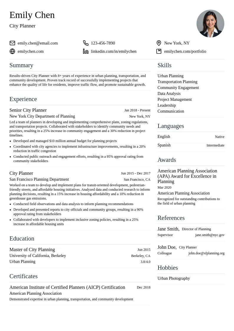 City Planning resume example