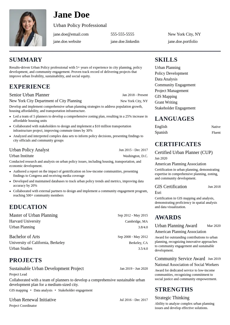 Urban Policy resume example