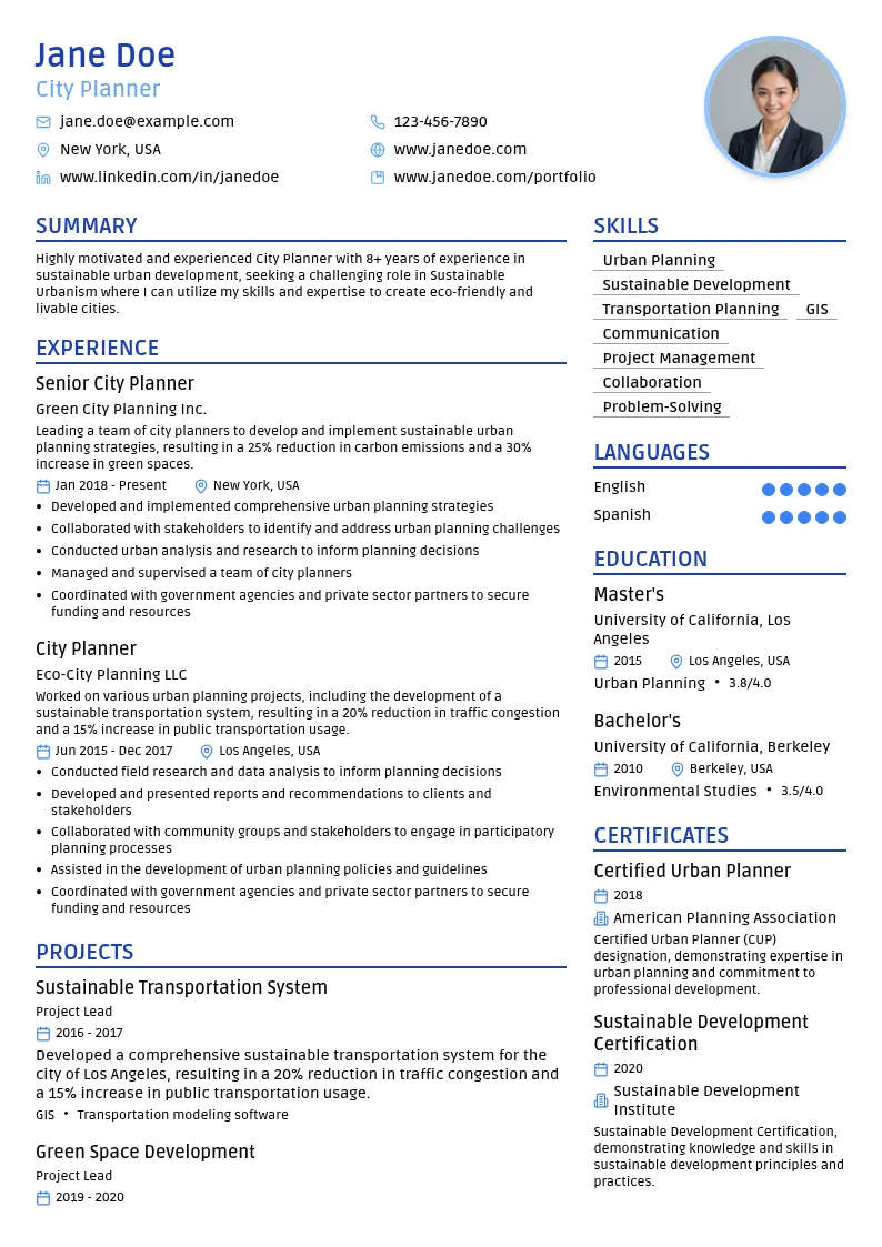 Sustainable Urbanism resume example
