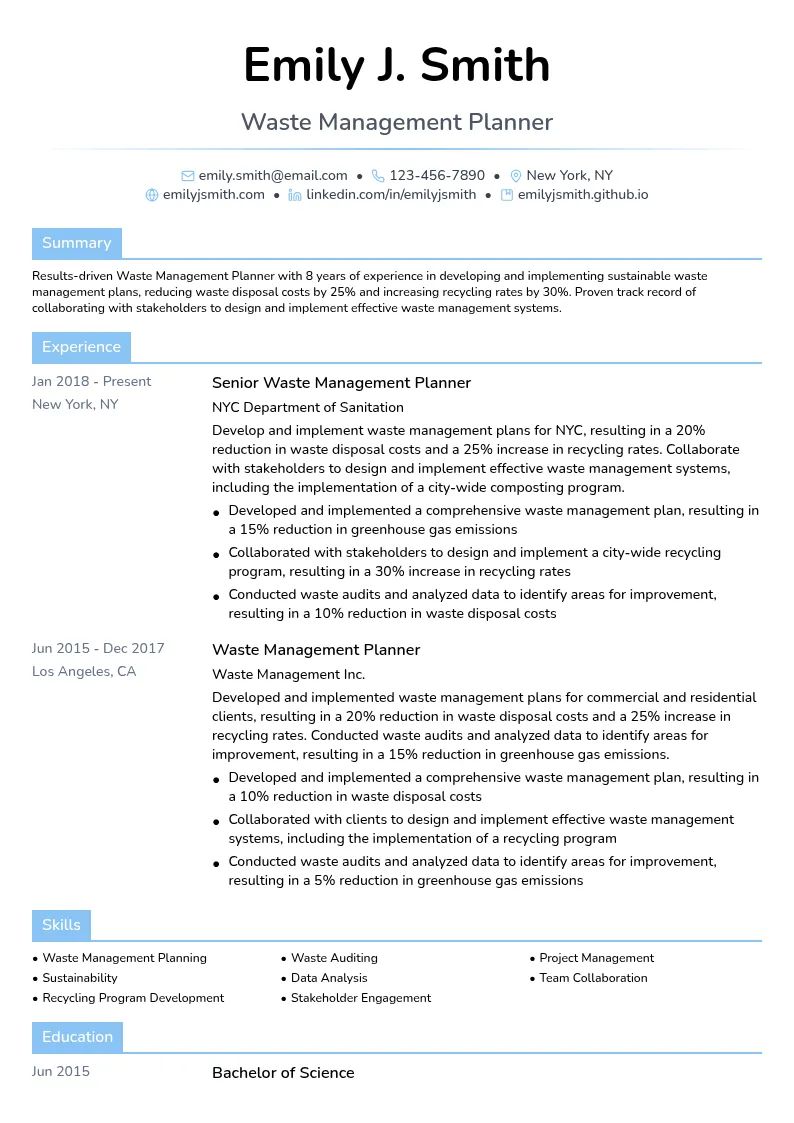 Waste Management Planning resume example