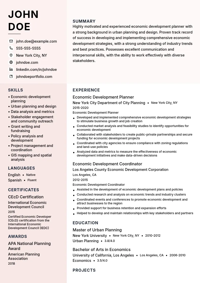Economic Development Planning resume example