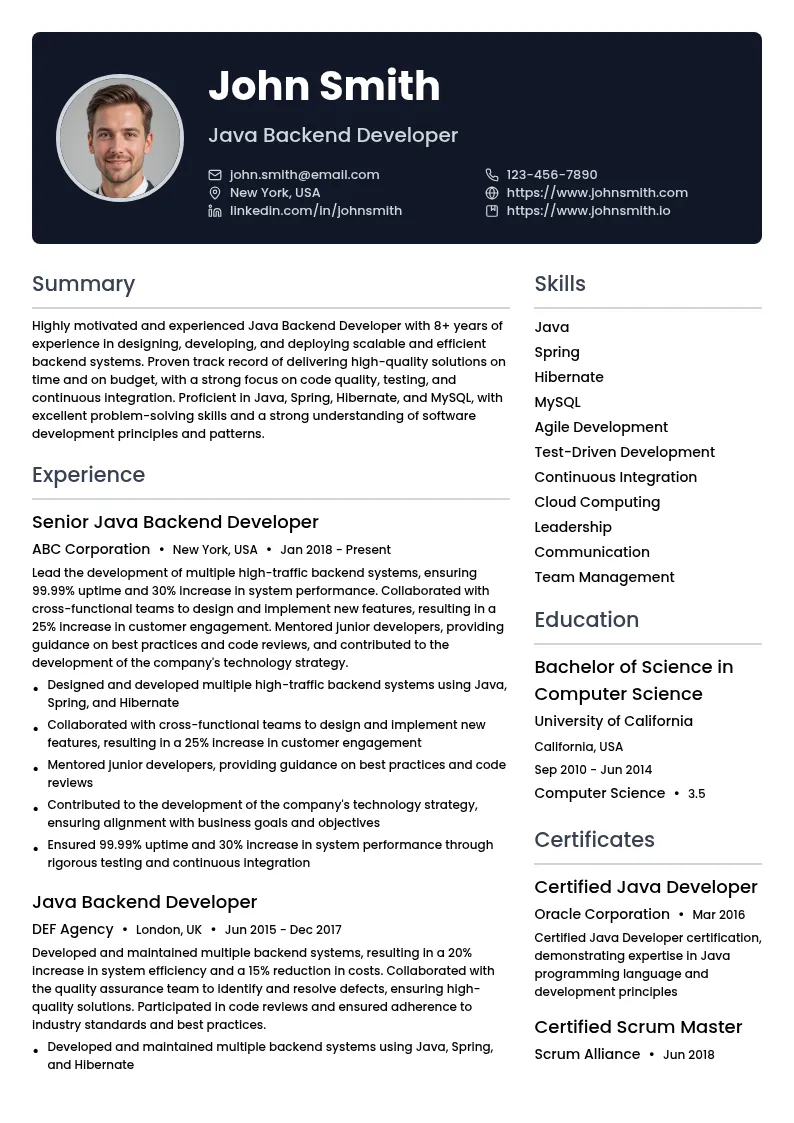 Java Backend Developer resume example