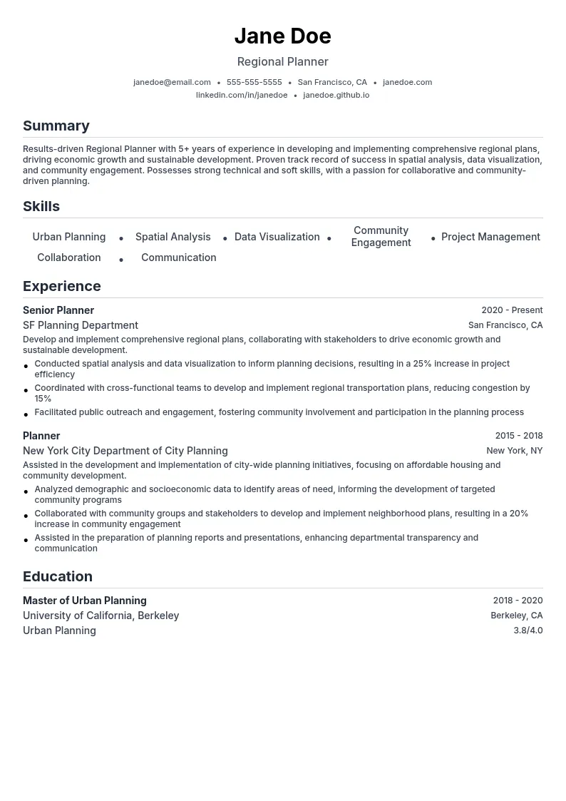 Regional Planning resume example