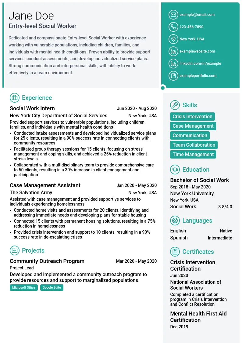 Entry-level Social Worker resume example