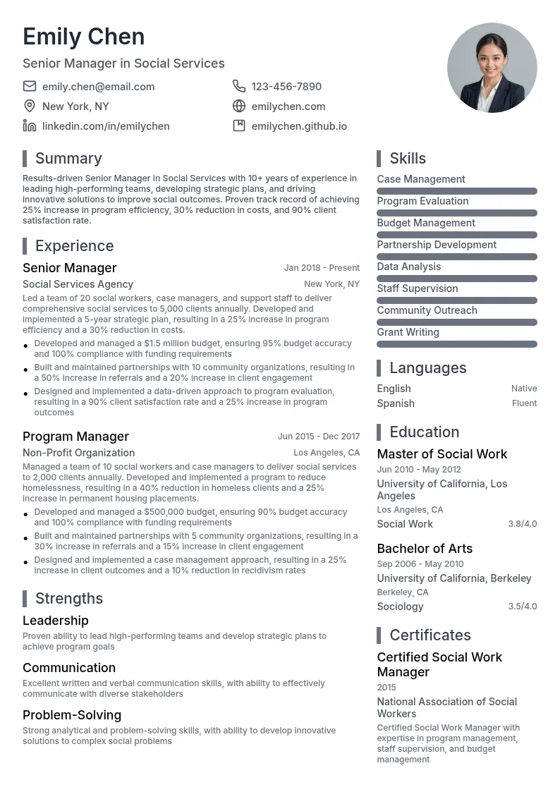 Senior Manager in Social Services resume example
