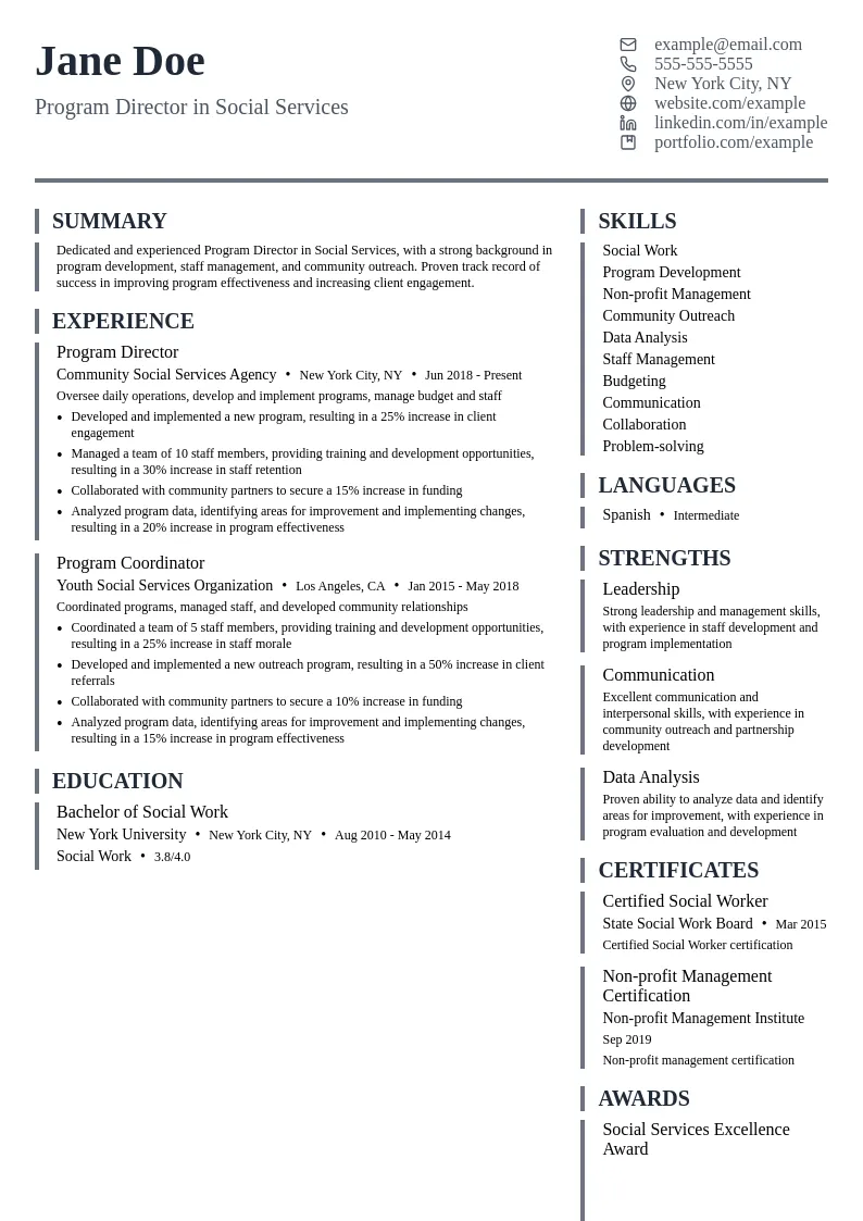 Program Director in Social Services resume example