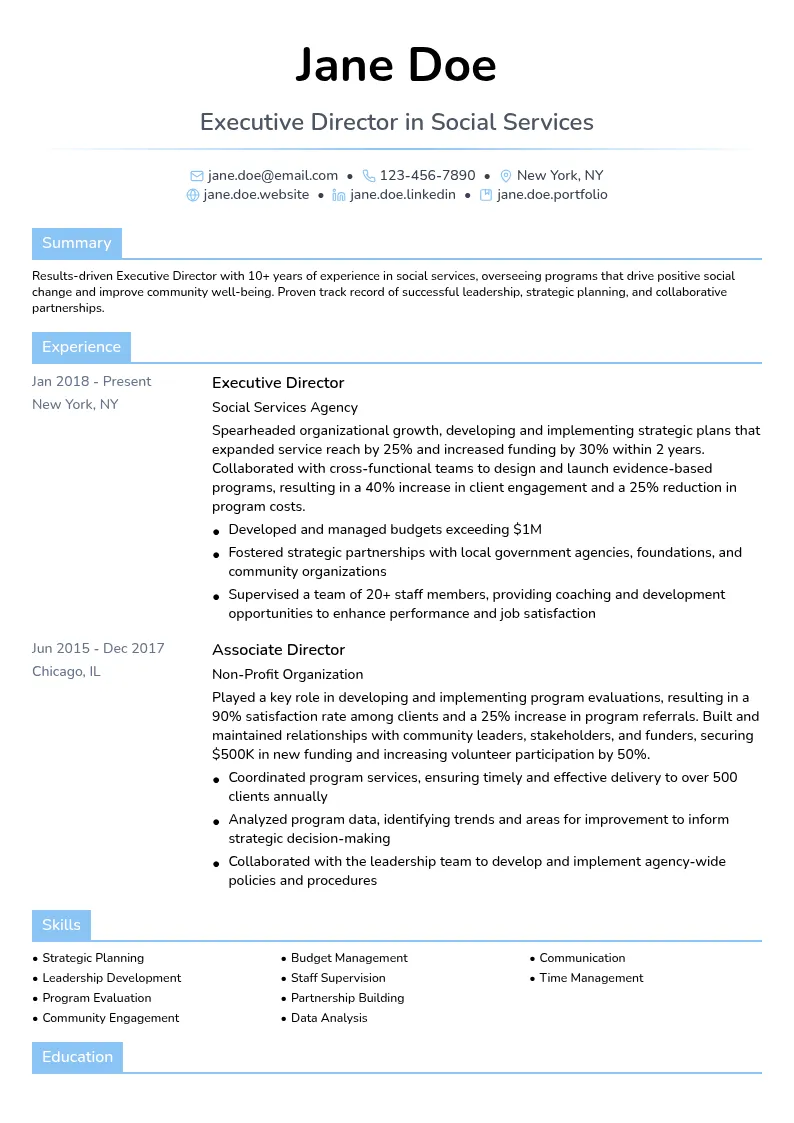 Executive Director in Social Services resume example