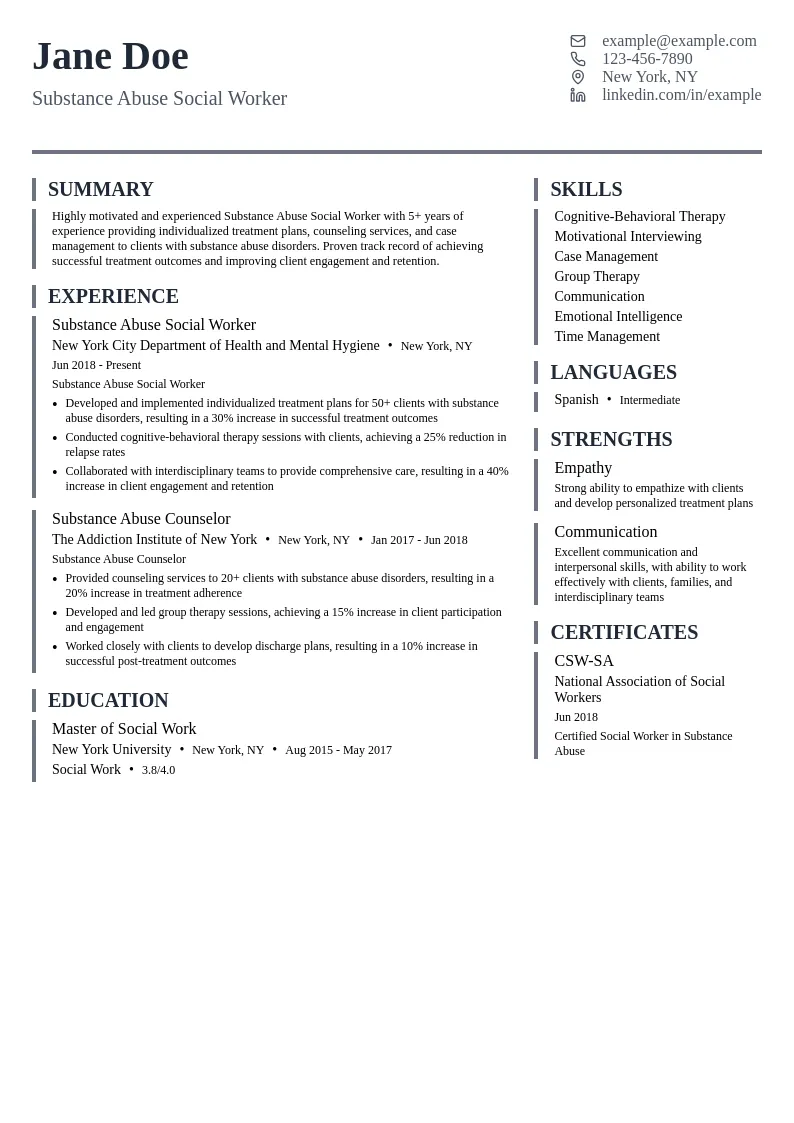 Substance Abuse Social Worker resume example