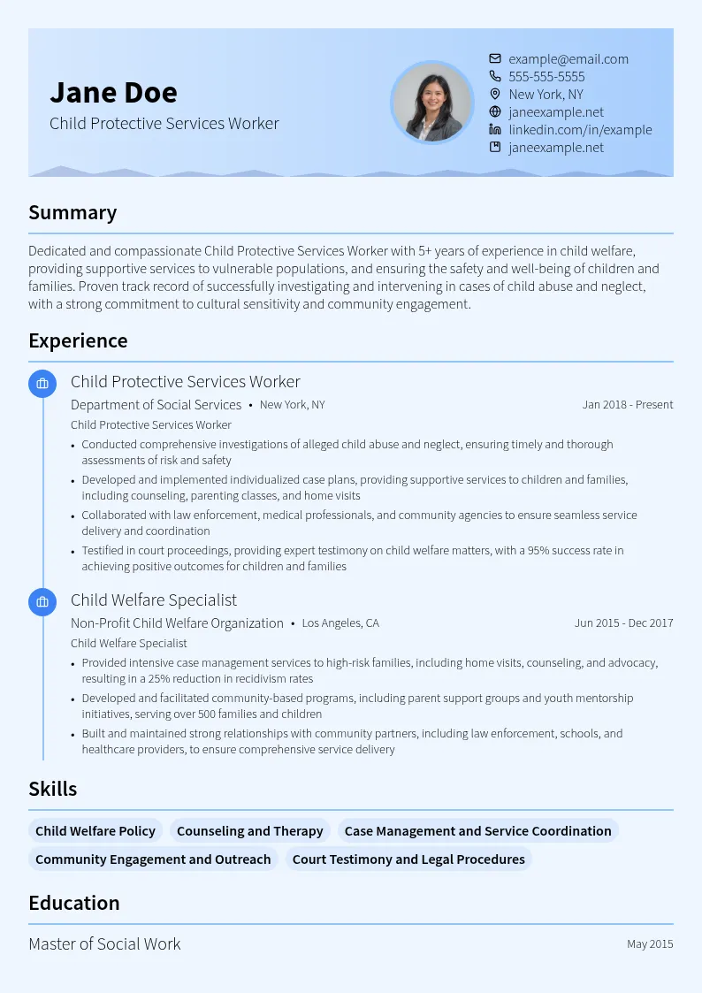 Child Protective Services Worker resume example