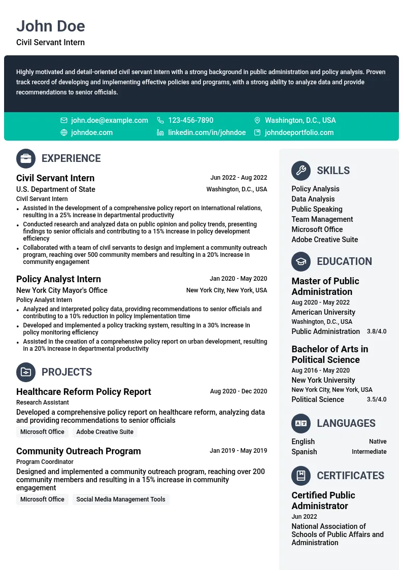Civil Servant Intern resume example