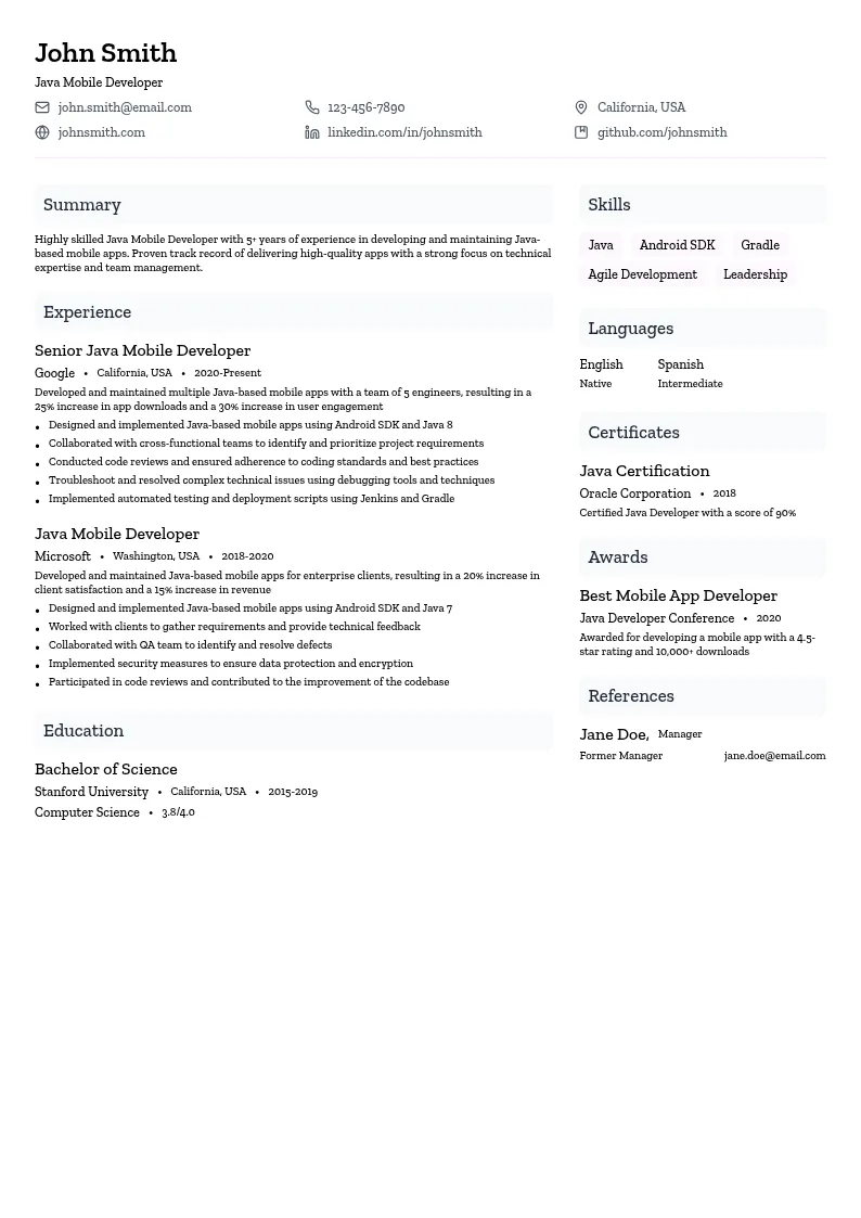 Java Mobile Developer resume example
