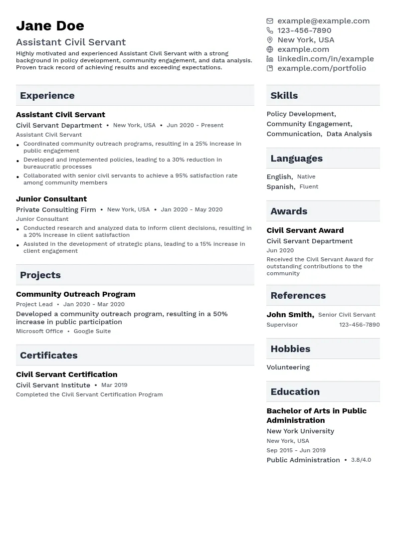 Assistant Civil Servant resume example