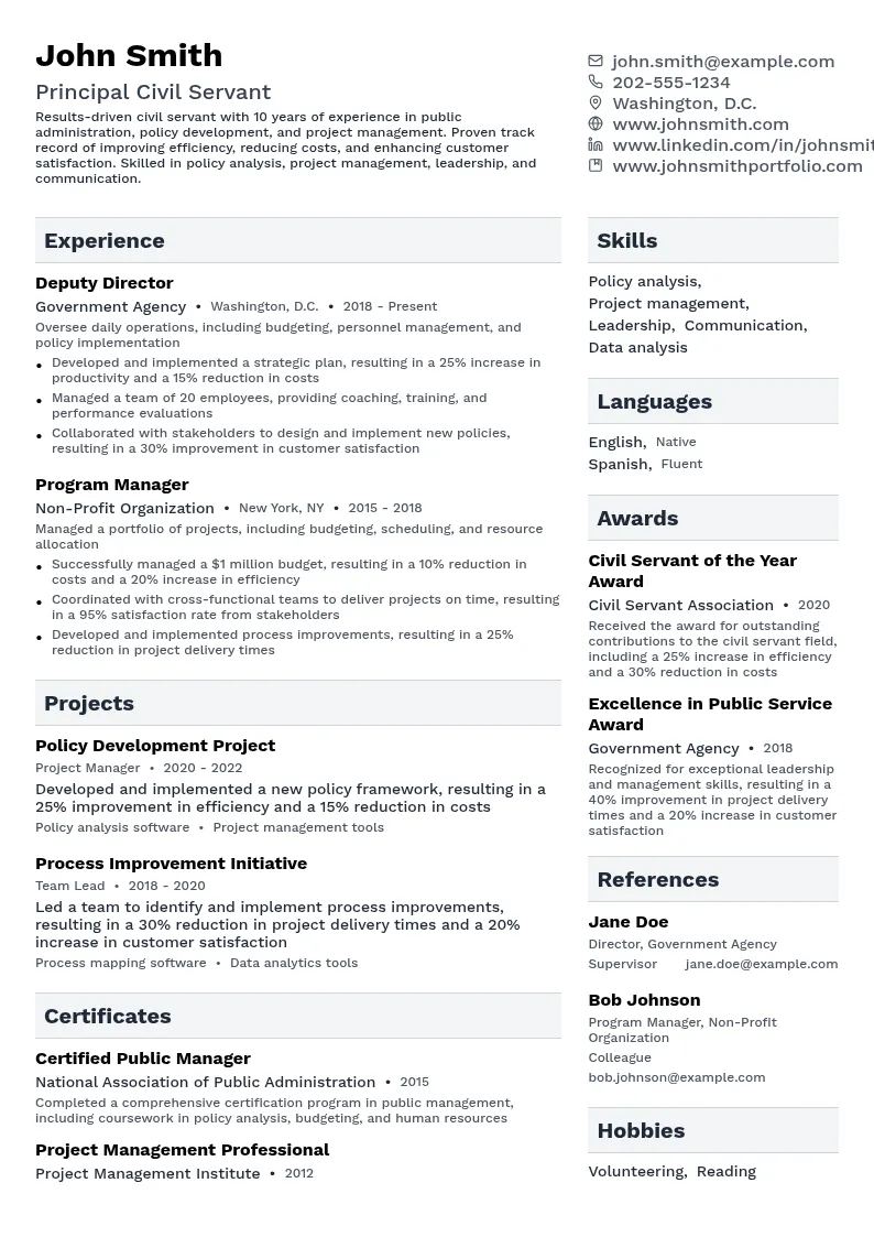 Principal Civil Servant resume example