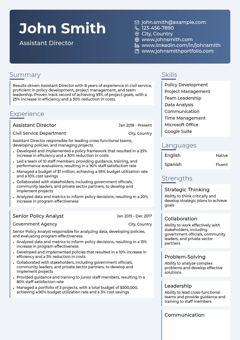 Assistant Director Civil Servant resume example