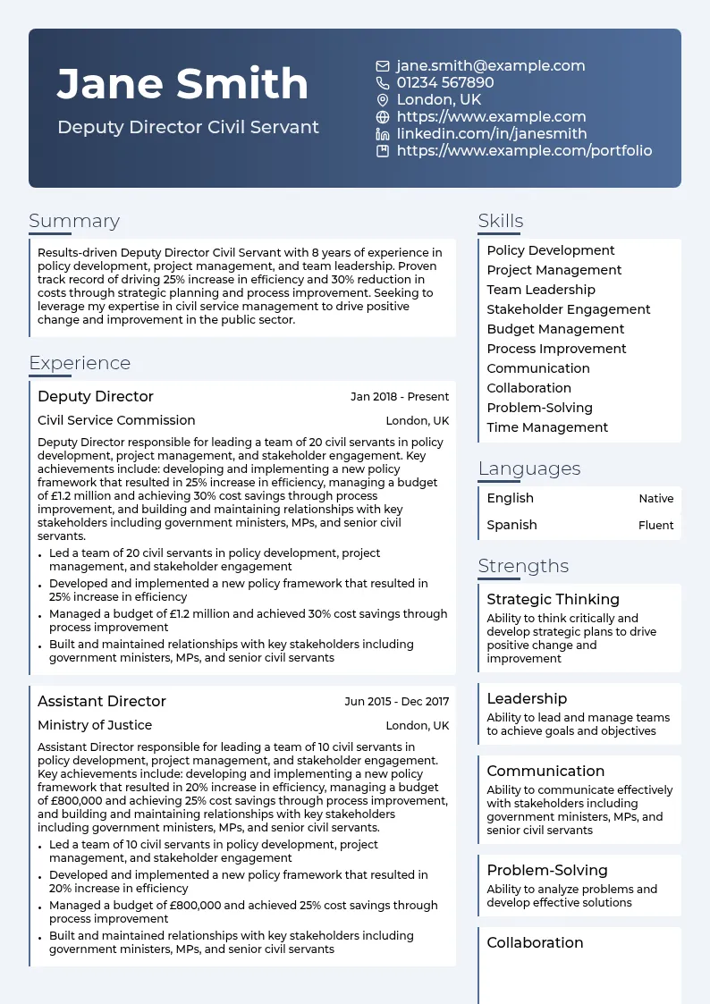 Deputy Director Civil Servant resume example