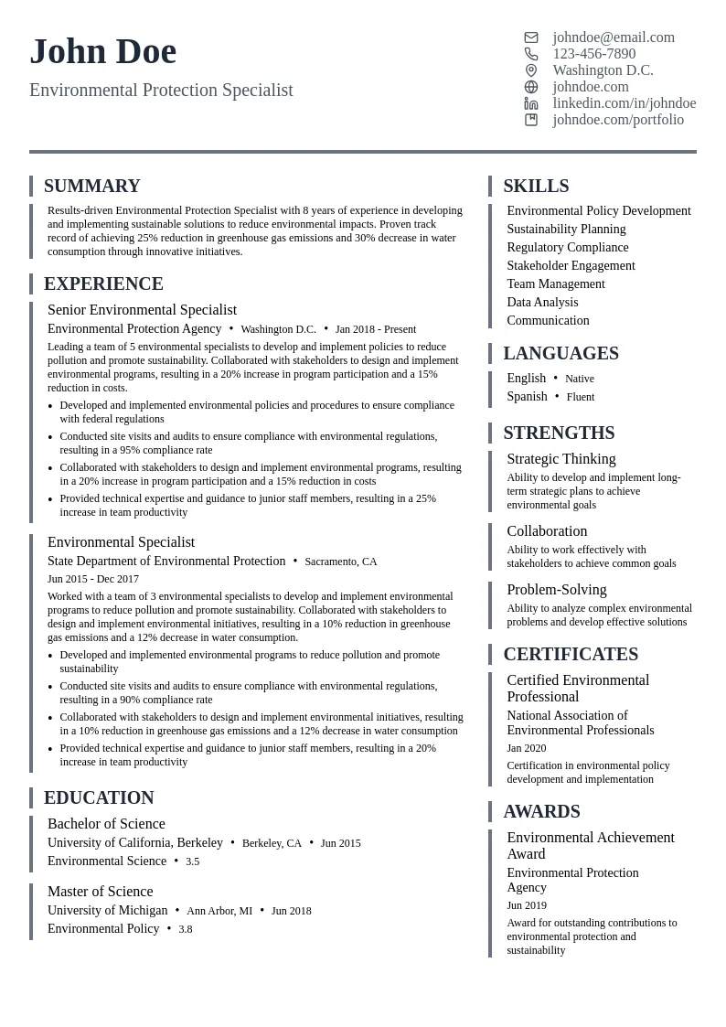 Environmental Protection Specialist resume example