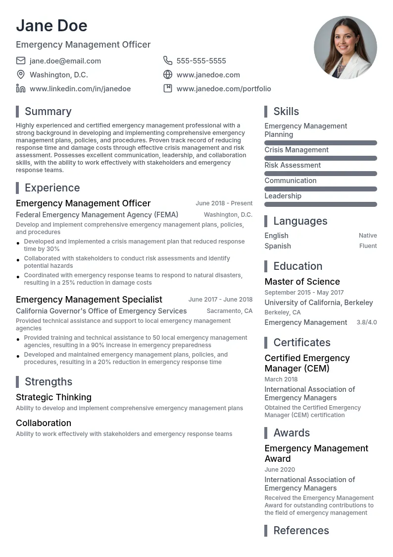 Emergency Management Officer resume example