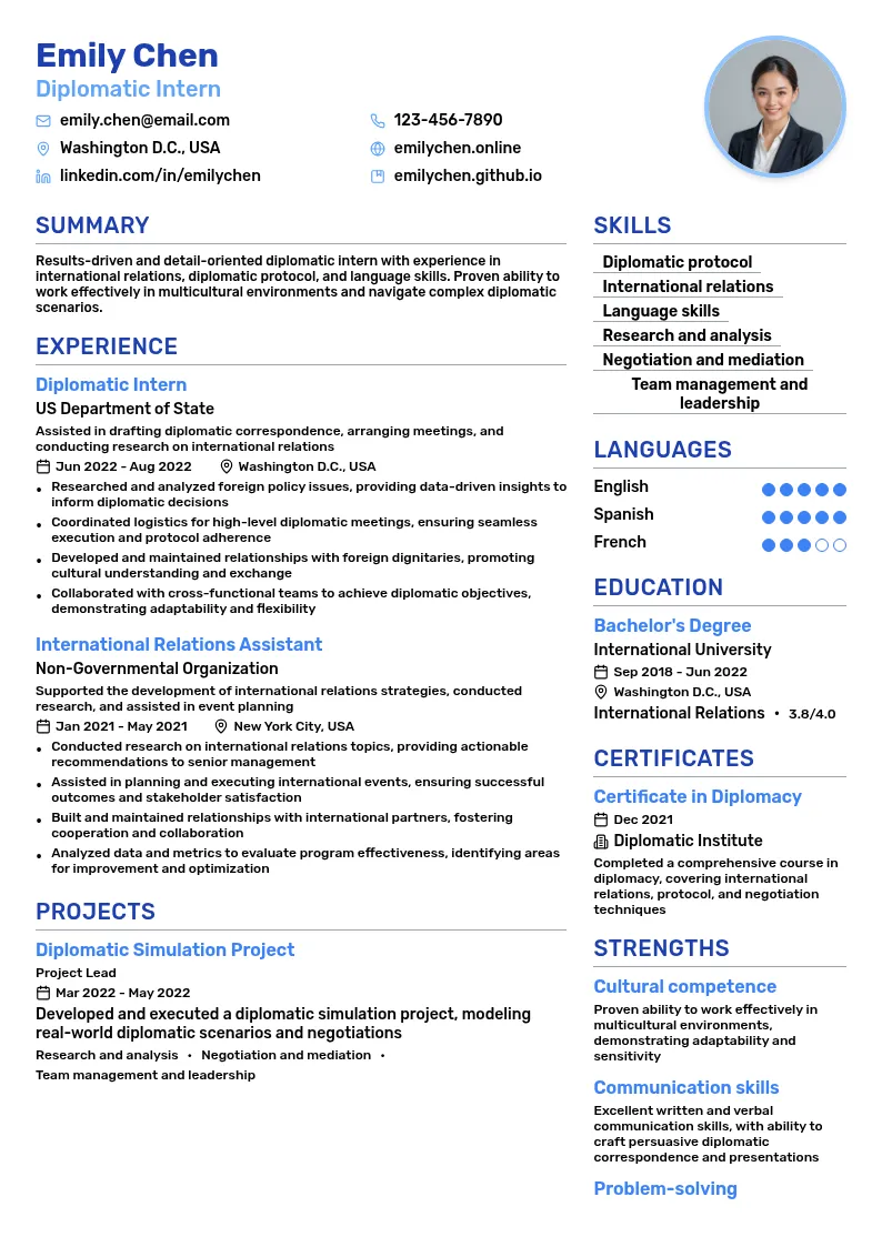 Diplomatic Intern resume example