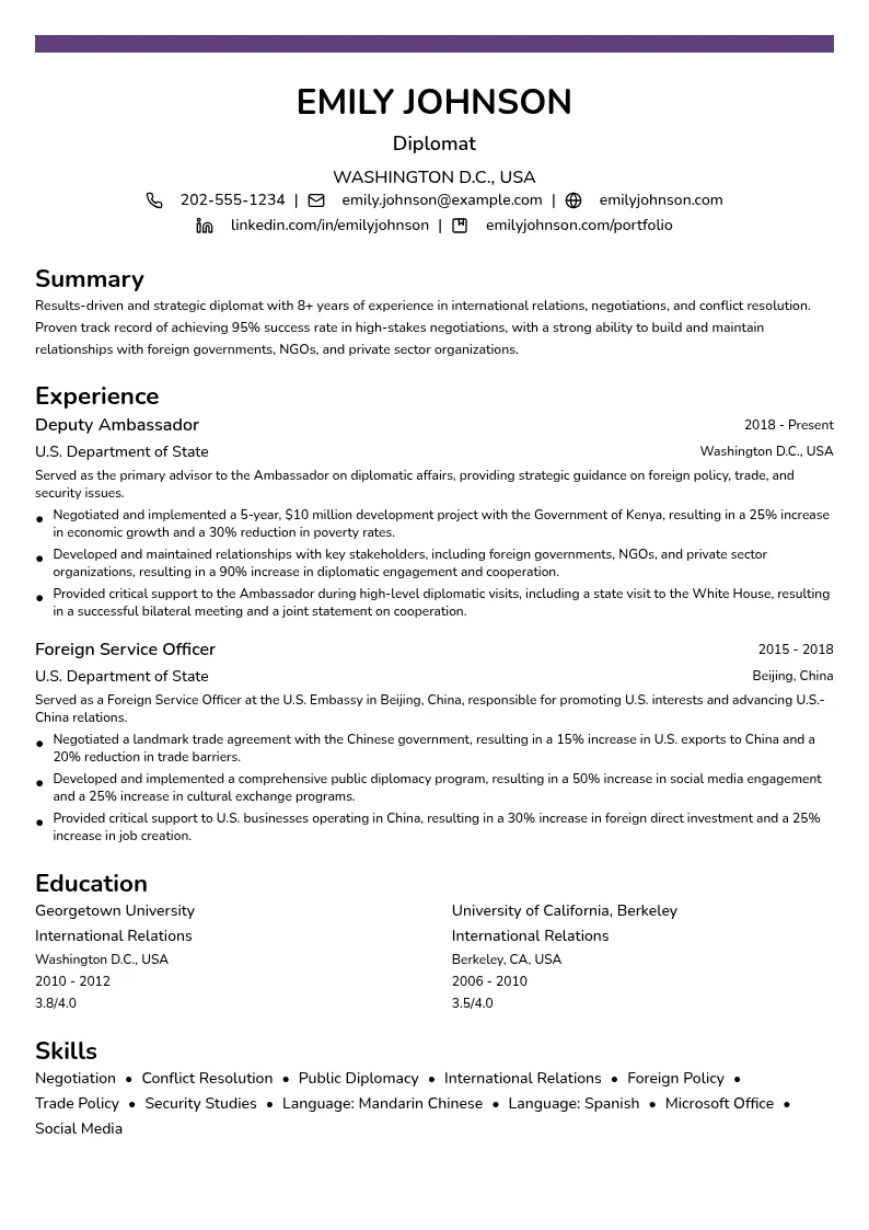 Diplomat resume example