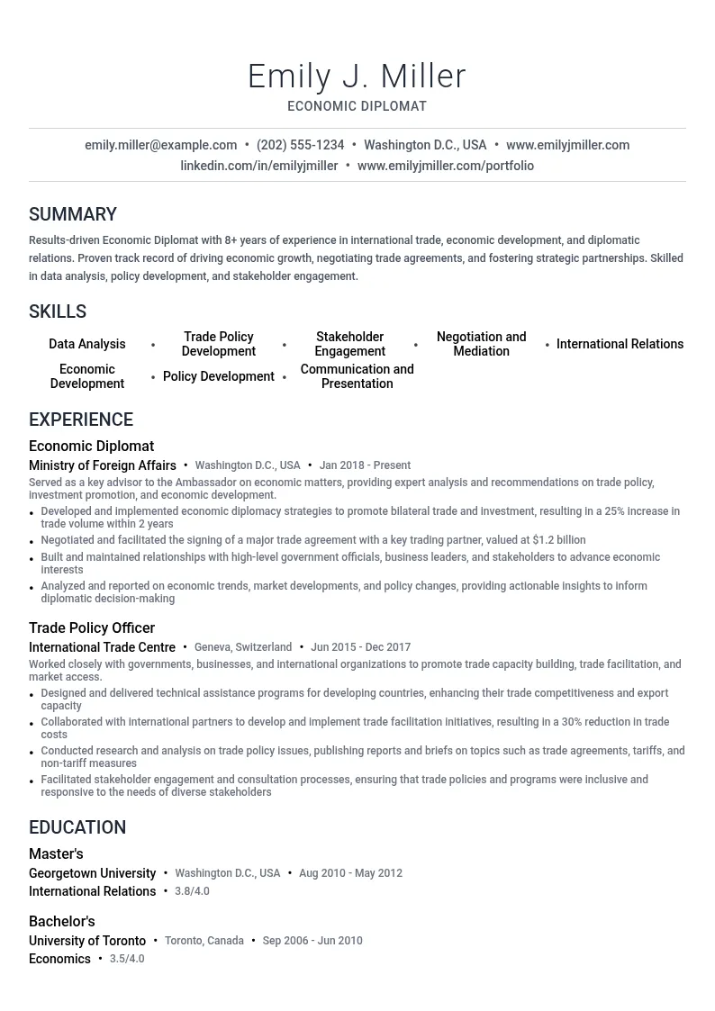 Economic Diplomat resume example