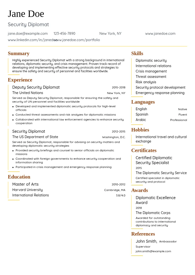 Security Diplomat resume example