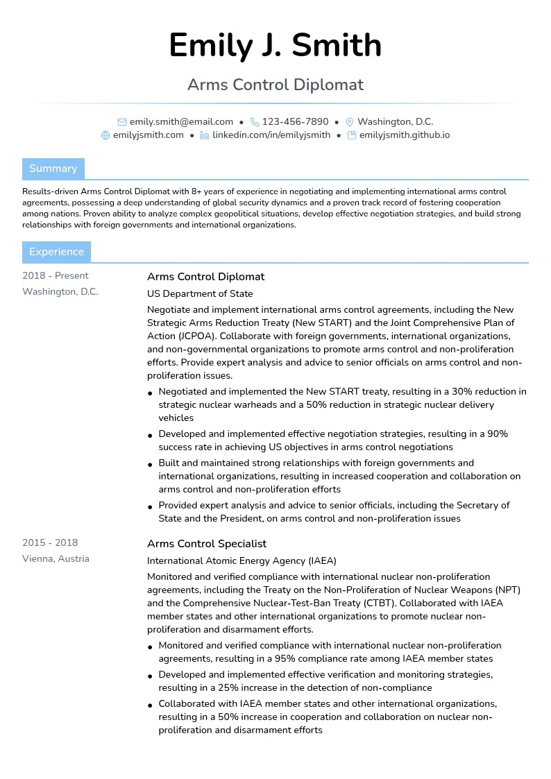 Arms Control Diplomat resume example