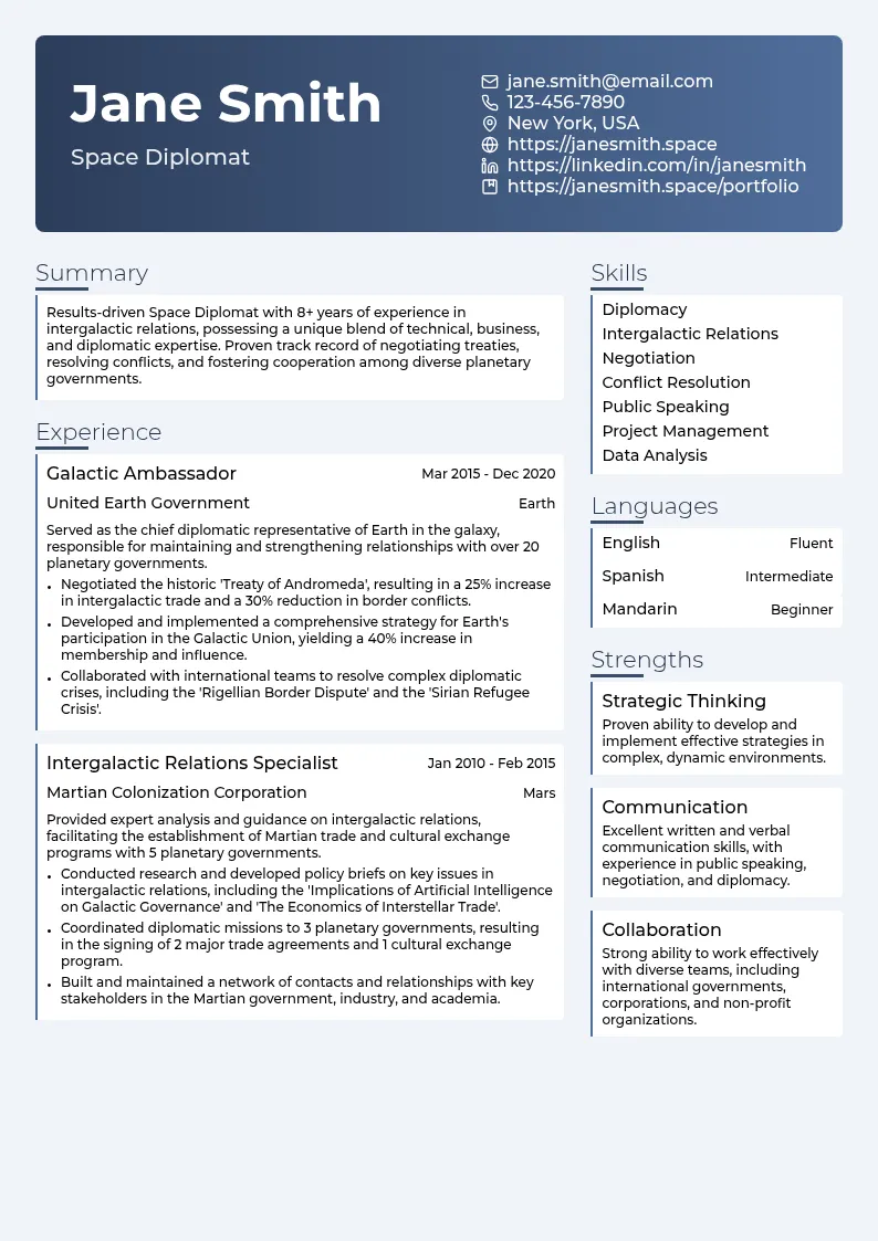 Space Diplomat resume example