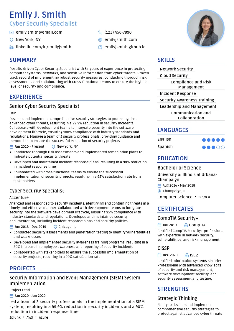 Cyber Security Specialist resume example