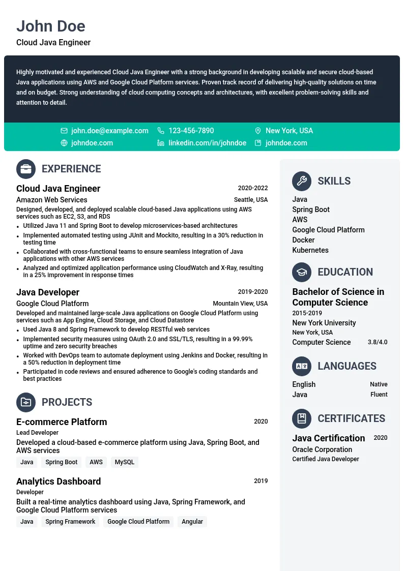 Cloud Java Engineer resume example