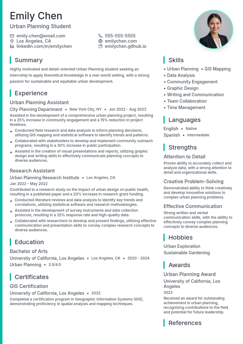 Urban Planner Intern resume example