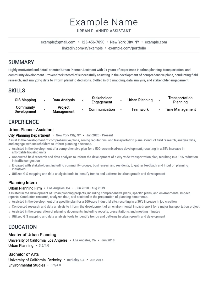 Urban Planner Assistant resume example