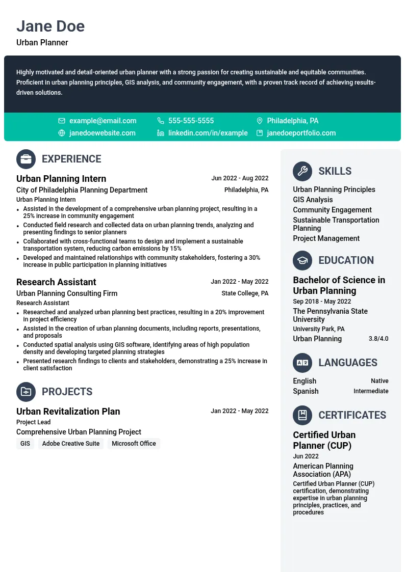 Urban Planner Entry-Level resume example