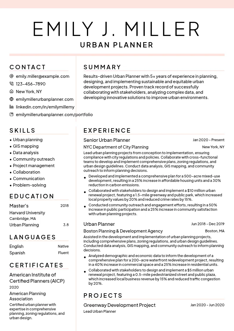 Urban Planner Mid-Level resume example