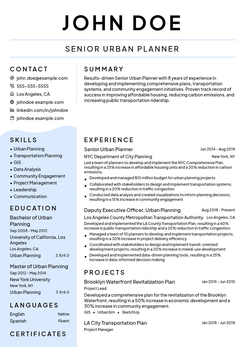 Urban Planner Senior-Level resume example