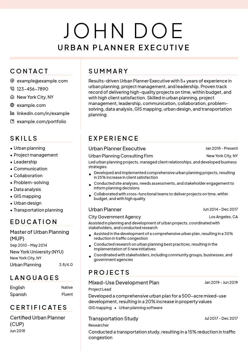 Urban Planner Executive resume example