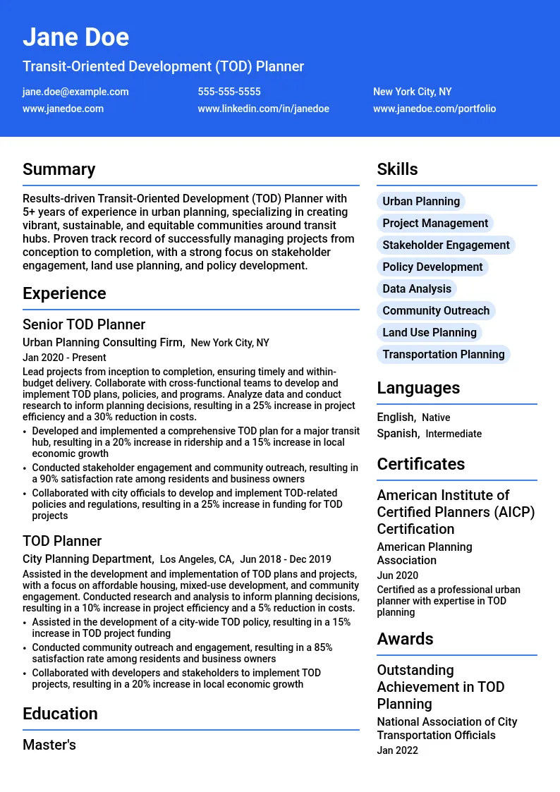 Transit-Oriented Development (TOD) Planner resume example
