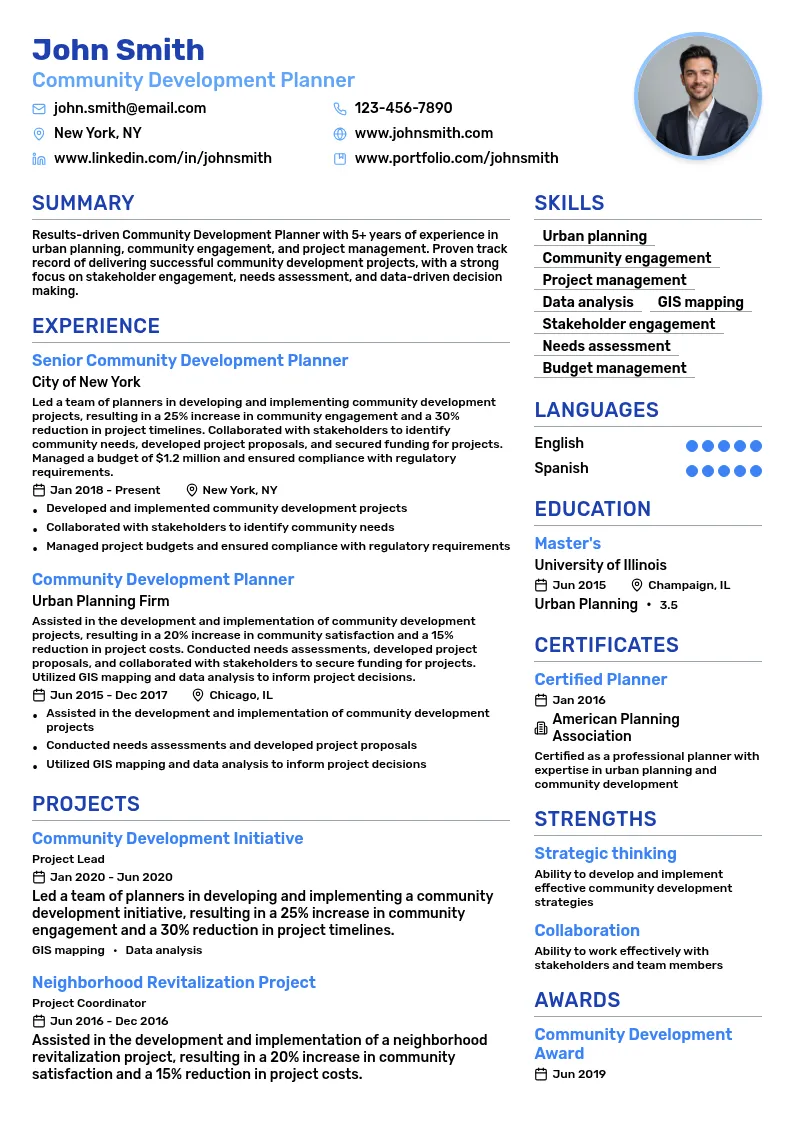 Community Development Planner resume example