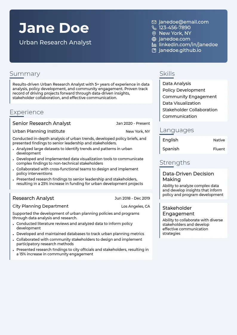 Urban Research Analyst resume example