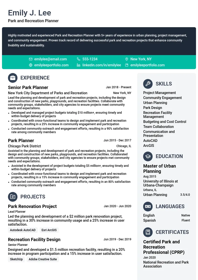 Park and Recreation Planner resume example