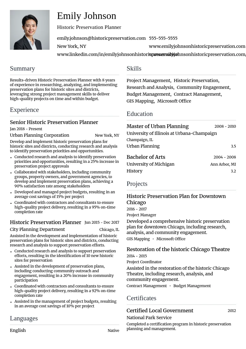 Historic Preservation Planner resume example