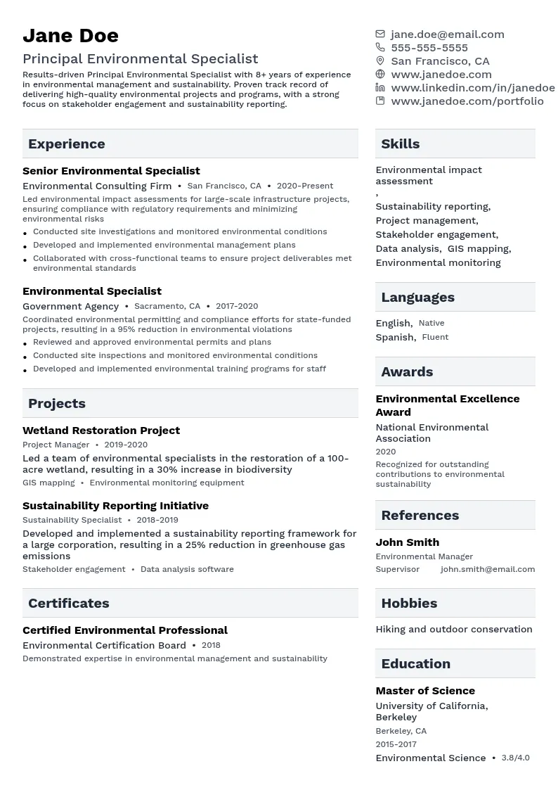 Principal Environmental Specialist resume example